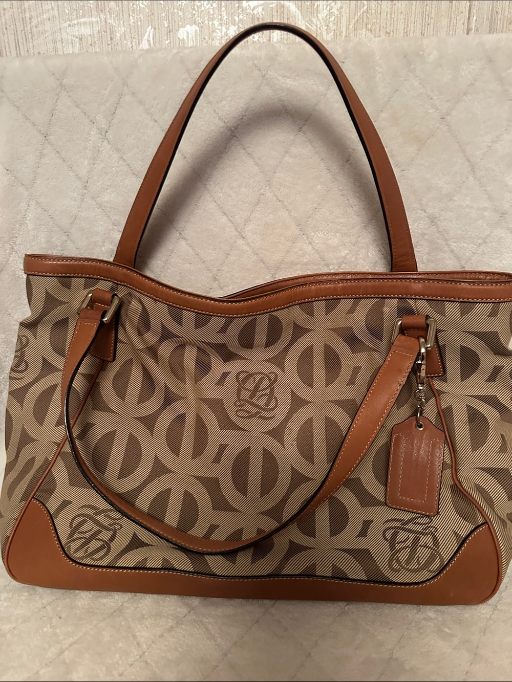 Monogram Pattern Tan Canvas Tote with Leather Trim